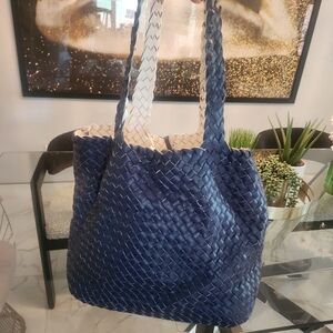 Leather Blue And White Woven Tote Bag
